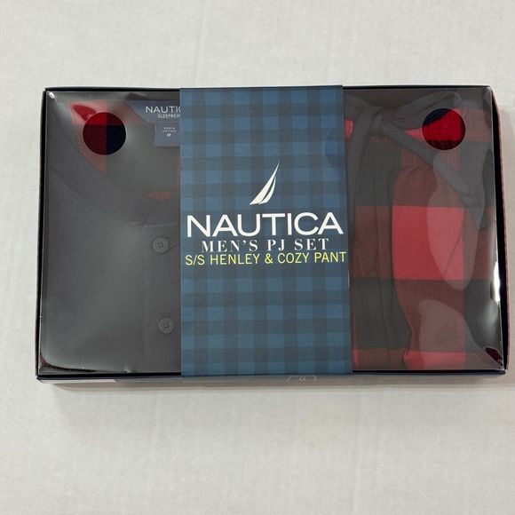 Nautica Sz M Men's PJ Set Navy/Red Multi Henley Cozy Pants - Picture 9 of 14